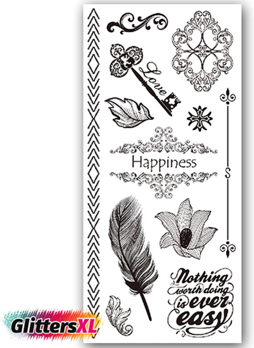 GlittersXL - Temporary Tattoo Veer/Sleutel/Tekst/Bloem (19x9 cm) [Neptattoo - Tijdelijke tatoeage - Nep Fake Tattoos - Water overdraagbare festival sticker henna outfit tattoo - Glitter tattoo - Volwassenen Kinderen Jongen Meisje]